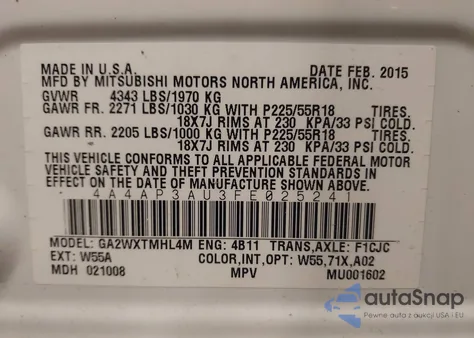 2015 Mitsubishi Outlander Sport Es from USA, damaged, VIN 4A4AP3AU3FE025241